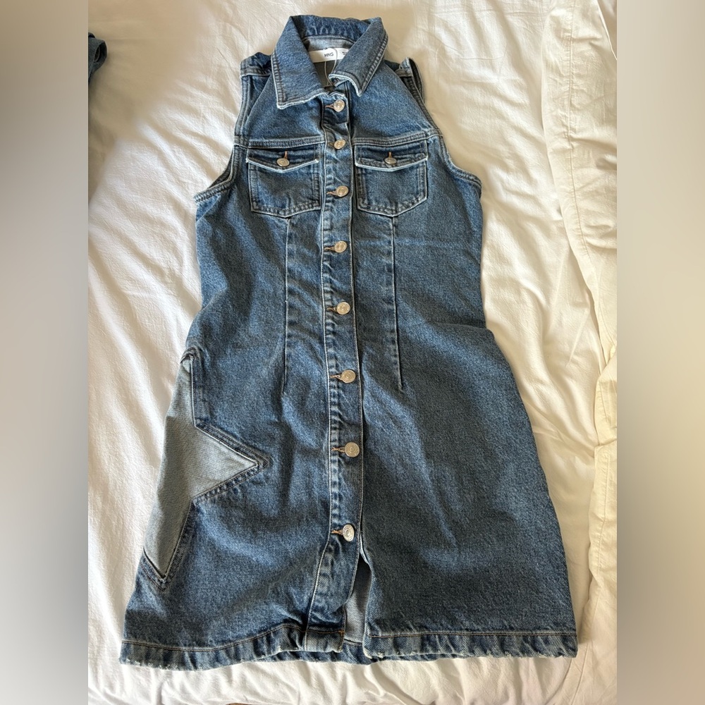 Mango Blue Denim Button-Front Overall Dress